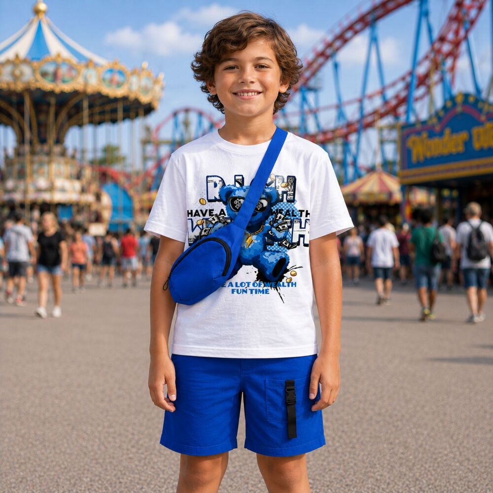 Boys Size 9Y 3 Pc Blue Graphic Bear Tee/Shorts/Crossbody Bag Set Outfit #X